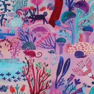 Fijne poplin katoen stof, digitale sunshine print Nerida Hansen, lavendel. X1305