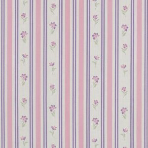 Fijne poplin katoen stof, streep met bloemenprint, offwhite/lila/roze/groen. P538