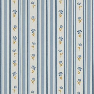 Fijne poplin katoen stof, streep met bloemenprint, offwhite/blauw/groen. P539