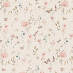 Fijne rib jersey stof, droogbloemenprint, crème/roze/groen. P037