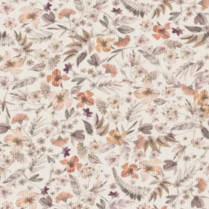 Fijne rib jersey stof, droogbloemetjesprint, offwhite/lila/paars/oranje. P578