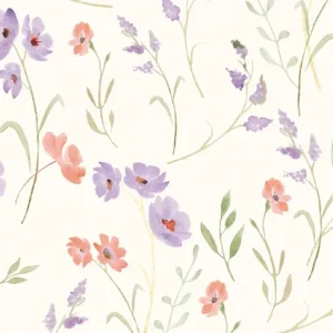 Fijne rib jersey stof, plukbloemenprint, offwhite/groen/paars/fuchsia. Y868