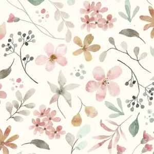 Fijne rib jersey stof, veldbloemenprint, offwhite/groen/oranje/roze/bruin. Y867