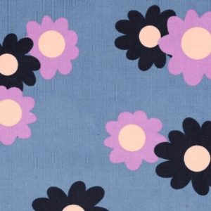 Fijne baby rib stof, bloemenprint, blauw/lila, Poppy meets Pommé. X1428
