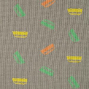 Fijne wafel stretch stof, busjesprint, kaki/oranje/geel. QJ04