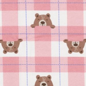 Flanel stof, ruit met beer print, roze/wit/bruin. X1225