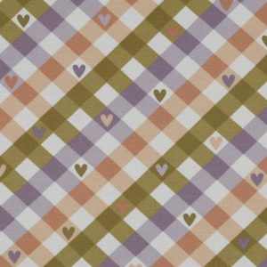 Flanel stof, schuine ruit met hartjes, lila/zalm/groen/wit. X668
