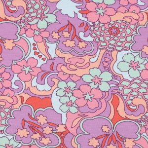 French terry stof, abstracte bloemenprint, roze/koraal/lila/geel/groen. X946