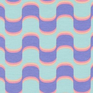 French terry stof, abstracte golfprint, mint/lavendel/roze/perzik. X944