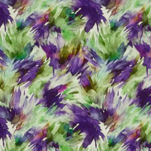 French terry stof, abstracte print, paars/groen/lila. P133