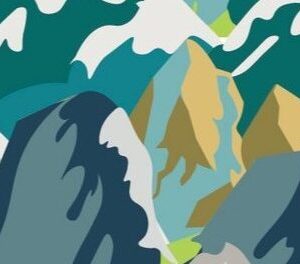 French terry stof, bergenprint, groen/petrol/wit/geel/blauw. Y1013