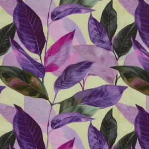 French terry stof, abstracte bladprint, paars/groen. P135