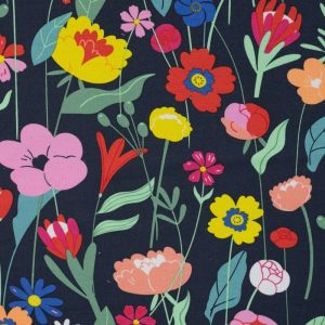 French terry stof, bloemenprint, donkerblauw/multicolor, Qjutie. QJ36
