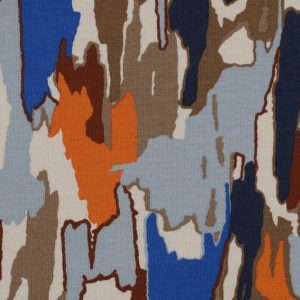 French terry sweat stof, camouflage fantasieprint, oranje/bruin/blauw/zand. X529