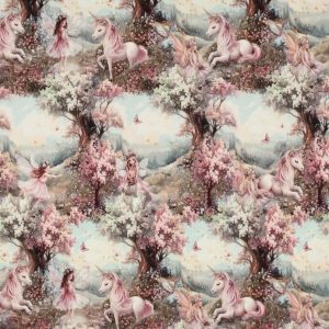 French terry sweat stof, digitale romantische eenhoornsprint, roze/blauw/groen/bruin. P622