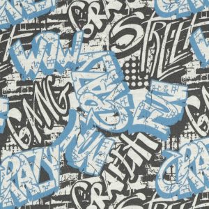 French terry sweat stof, graffiti print, oud blauw/grijs, by Poppy. C164