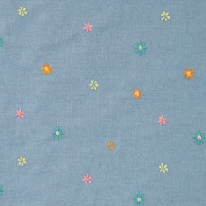 Geborduurde jeans stof, bloemetjesprint, blauw/roze/oranje/geel. P393