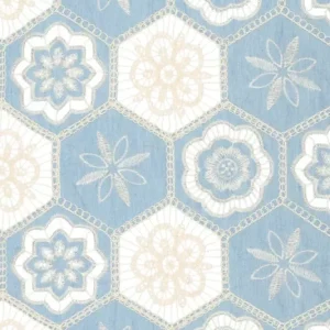Geborduurde katoen stof, hexagonen motief, lichtblauw/crème. Y398
