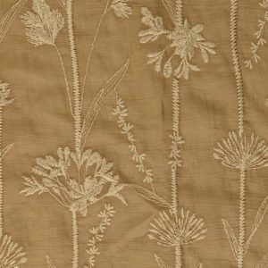 Geborduurde voile stof, lange bloemstelen, lichtbruin/beige. P283