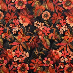 Gestepte velvet stof, 3-laags, bloemenprint, zwart/roest/fuchsia. P009