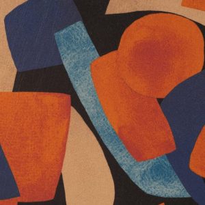 Gevilte jersey stof, abstracte blokkenprint, zwart/roest/bruin/blauw. Y759