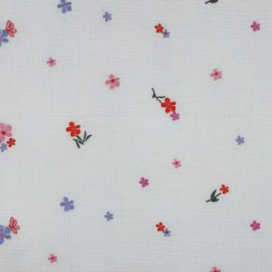 Hydrofiel double gauze stof, geborduurde bloemen, offwhite/roze/oranje/groen/lila. P522