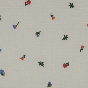 Hydrofiel double gauze stof, geborduurde kleine bloemetjes, naturel/groen/blauw/roze/oranje. P528