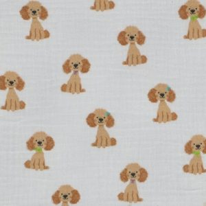 Hydrofiel double gauze stof, geborduurde hondjes, offwhite/lichtbruin. P531