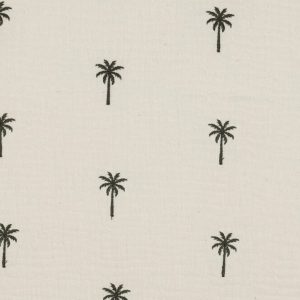 Hydrofiel double gauze stof, geborduurde palmbomen, offwhite/groen. P529