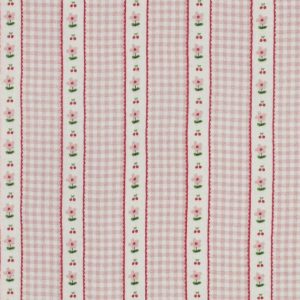 Hydrofiel double gauze stof, ruit met bloemetjesband, roze/offwhite/groen. P523