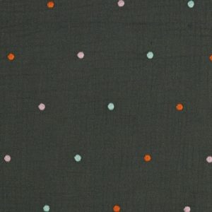 Hydrofiel mousseline stof, dubbeldoek, geborduurde dots, taupe/grijs/oranje/roze/mint. Z0067