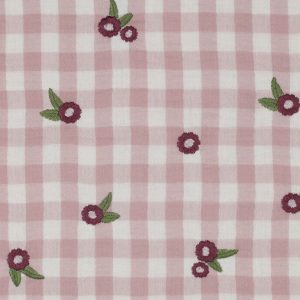 Hydrofiel dubbeldoek stof, broderie bloemetjes, oudroze/wit/groen. P023