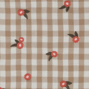 Hydrofiel dubbeldoek stof, broderie bloemetjes, zand/oranje/wit/groen. P024