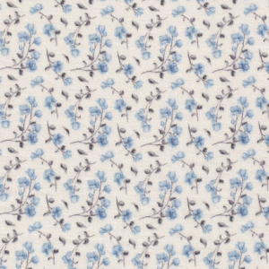 Hydrofiel mousseline stof, digitale takjesprint, offwhite/blauw. Z0036