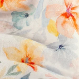 Hydrofiel mousseline stof, digitale bloemenprint, wit/zalm/geel/blauw. P291