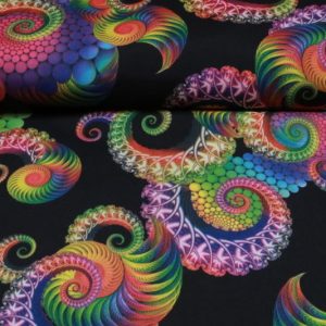Texture stof, fantasie print, zwart/ regenboog. Q385