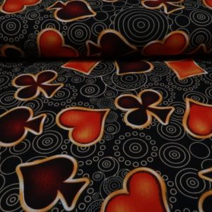 Texture stof, kaartenspel print, zwart/oranje/bordeaux. Q413