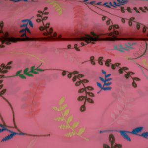 Katoen stof, opengewerkt, blad print, roze/groen/geel. Q1319