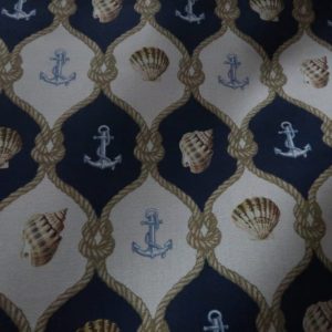 Decoratiestof outdoor, linnen look, marine print, blauw/zand/beige. DN005