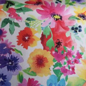 Decoratiestof outdoor, linnen look, bloemen print, off-white/geel/blauw/roze. DN006
