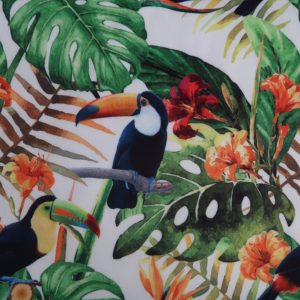 Decoratiestof velours , toekan en blad print. off-white/groen/oranje. DV007