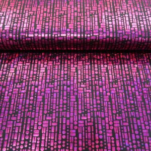 Texture stof, foliedruk kiezels, zwart/fuchsia. F1298-5