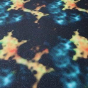 Lycra stof, abstracte galaxy print, glitter, zwart/geel/turquoise. LYGA017