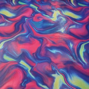 Lycra stof, fantasie glitter, roze/lime/blauw. LYSTERE