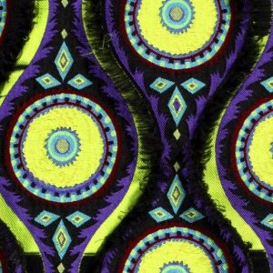 Jacquard stof, abstracte print, paars/lime/zwart. JN05