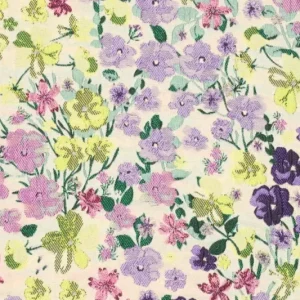 Jacquard stof, bloemetjesprint, lichtgeel/paars. P431