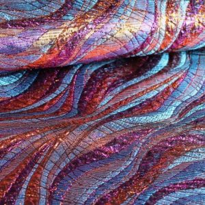 Jacquard lamée stof, golf, paars/oranje/roest. F4846-20