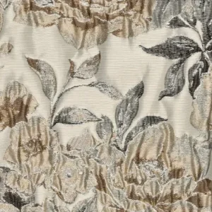 Jacquard stof, rozenprint, champagne/zilver. P340