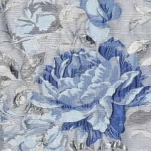 Jacquard stof, rozenprint, blauw/zilver. P341