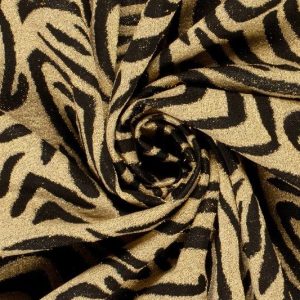 Jersey jacquard stof, zebra motief, goud/zwart. X1071